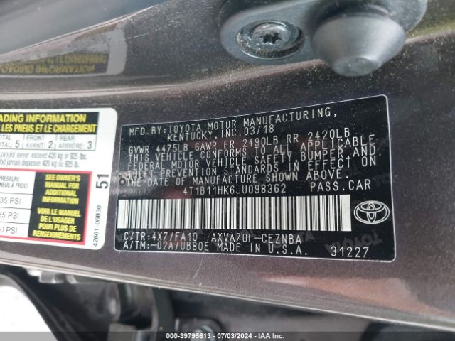 4T1B11HK6JU098362 Toyota CAMRY LE