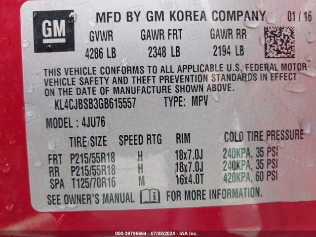 KL4CJBSB3GB615557 Buick Encore Convenience
