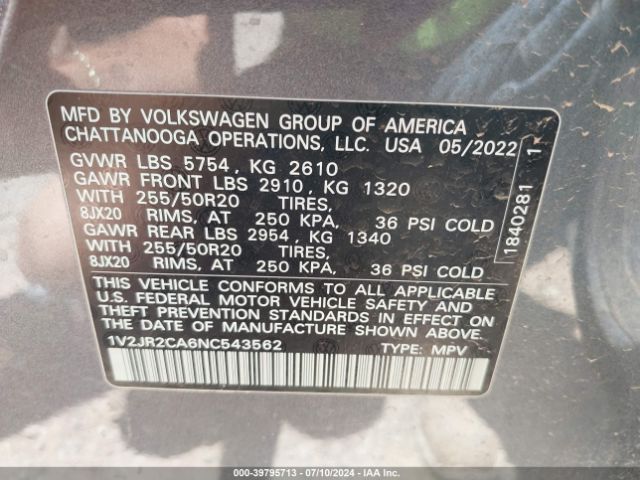 1V2JR2CA6NC543562 Volkswagen Atlas 3.6l V6 Se W/technology