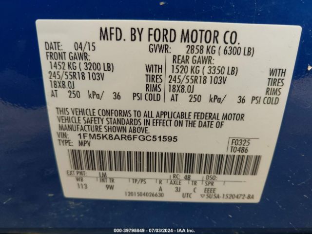 1FM5K8AR6FGC51595 Ford Utility Police Interceptor