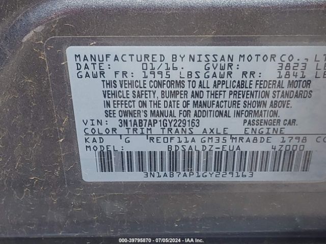 3N1AB7AP1GY229163 Nissan SENTRA SV