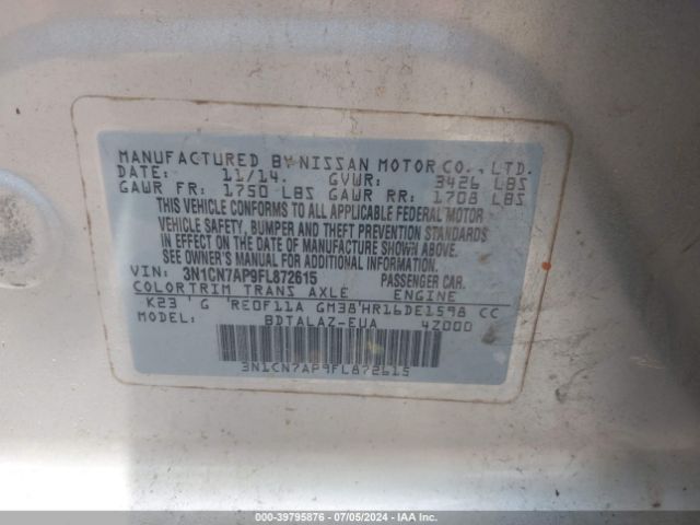 3N1CN7AP9FL872615 Nissan Versa 1.6 S+