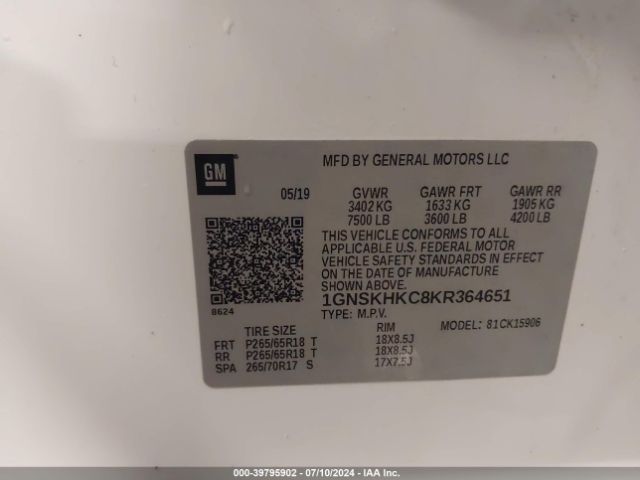 1GNSKHKC8KR364651 Chevrolet Suburban Lt