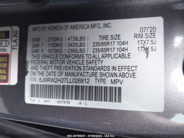 5J6RW2H27LL026812 Honda Cr-v Awd Lx