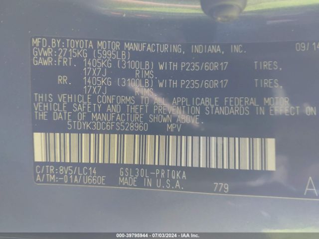 5TDYK3DC6FS528960 Toyota Sienna Xle Premium 8 Passenger