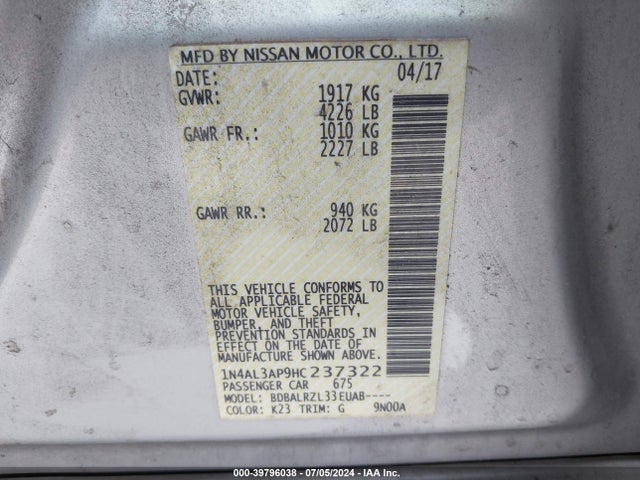 Nissan Altima 2.5 Sl 2017 1N4AL3AP9HC237322 Image 9