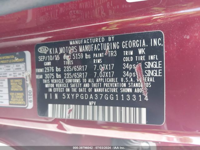 5XYPGDA37GG113314 KIA Sorento 2.4l Lx