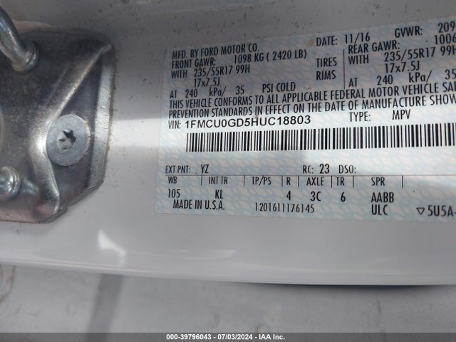 Ford ESCAPE SE 2017 1FMCU0GD5HUC18803 Image 9