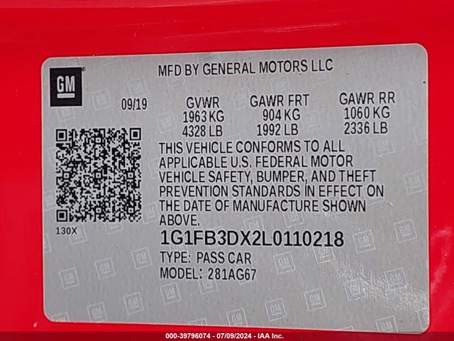 Chevrolet Camaro Rwd  1lt 2020 1G1FB3DX2L0110218 Image 9