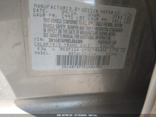 Nissan SENTRA S 2014 3N1AB7AP9EL684305 Image 9