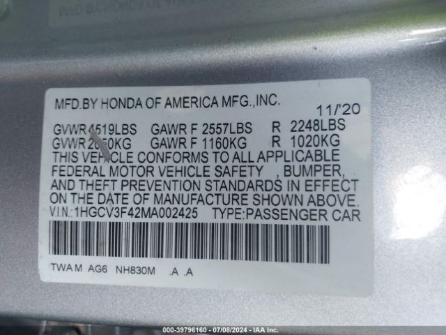 1HGCV3F42MA002425 Honda Accord Hybrid Ex