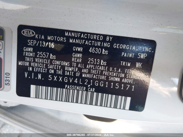 5XXGV4L21GG115171 KIA Optima Sxl Turbo