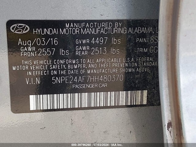 Hyundai SONATA SE 2017 5NPE24AF7HH480370 Image 9