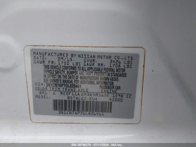 Nissan Versa 1.6 Sl 2016 3N1CN7AP7GL826461 Image 9