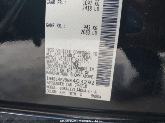 1N4BL4EV9NN403292 Nissan Altima Sl Fwd