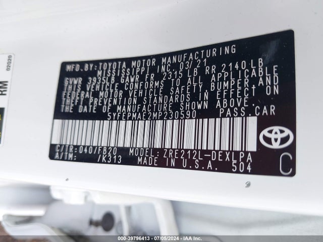 Toyota COROLLA LE 2021 5YFEPMAE2MP230590 Image 9