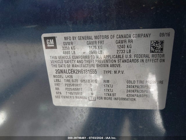 Chevrolet EQUINOX LT 2017 2GNALCEK2H6181555 Image 9