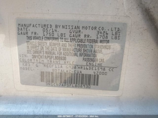 3N1CN7AP5FL808930 Nissan Versa 1.6 S+