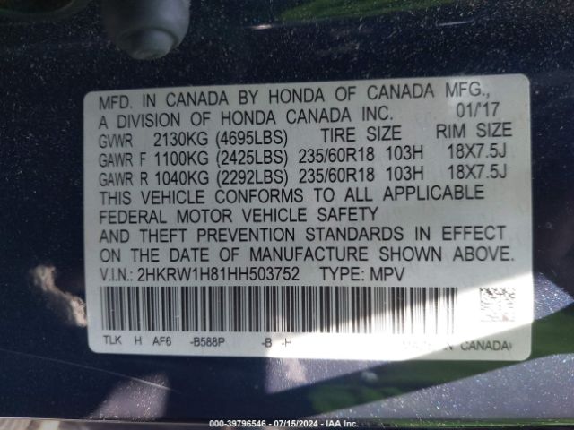 2HKRW1H81HH503752 Honda Cr-v Ex-l/ex-l Navi