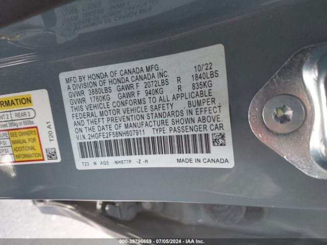 2HGFE2F58NH607911 Honda Civic Sport