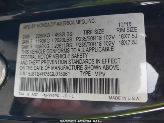 5J8TB4H75GL015961 Acura Rdx Advance Package