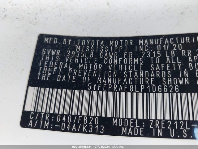 Toyota COROLLA LE 2020 5YFEPRAE8LP106626 Image 9