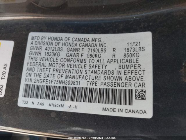 2HGFE1F75NH309831 Honda CIVIC EX