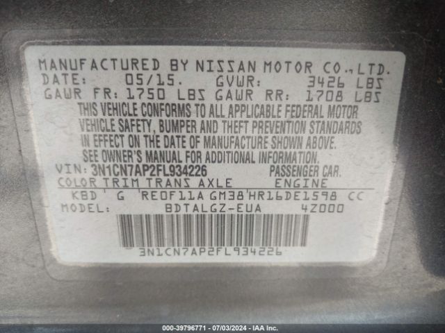 3N1CN7AP2FL934226 Nissan Versa 1.6 Sl