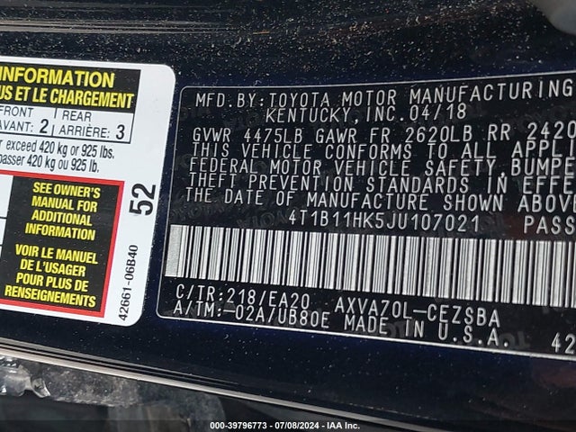 Toyota CAMRY SE 2018 4T1B11HK5JU107021 Image 9