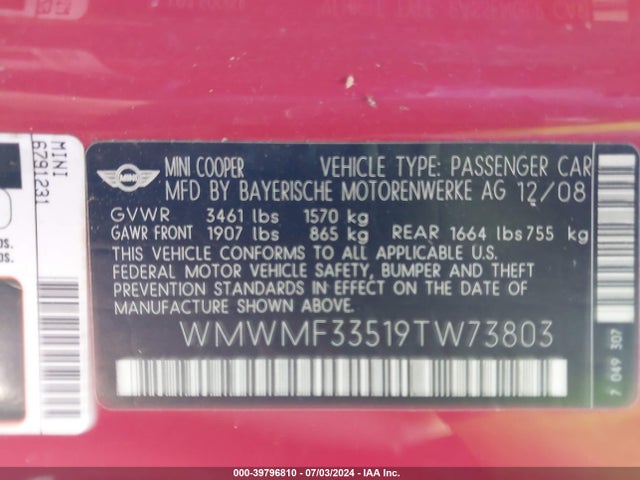 2009 MINI COOPER WMWMF33519TW73803 Photo 8