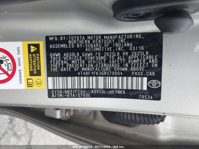Toyota CAMRY LE 2016 4T4BF1FK3GR570004 Image 9