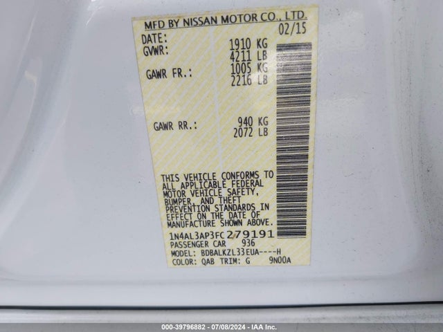 Nissan Altima 2.5 Sv 2015 1N4AL3AP3FC279191 Image 9
