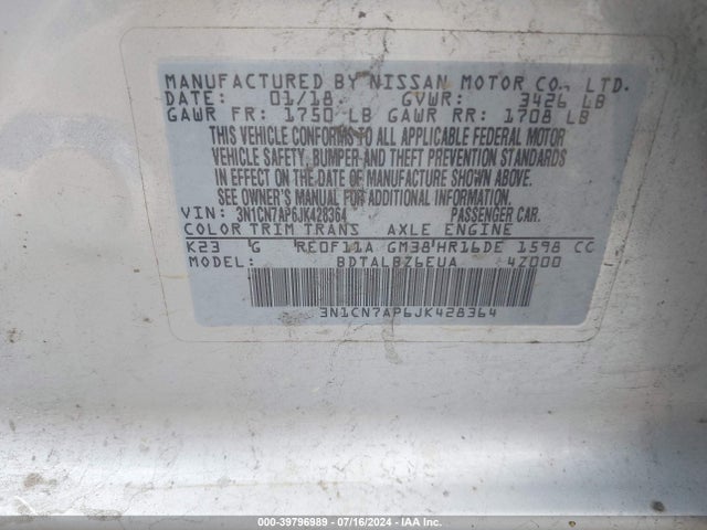 Nissan Versa 1.6 Sv 2018 3N1CN7AP6JK428364 Image 9