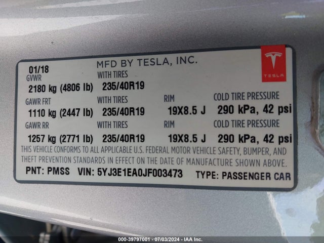 Tesla Model 3 Long Range/mid Range 2018 5YJ3E1EA0JF003473 Image 9