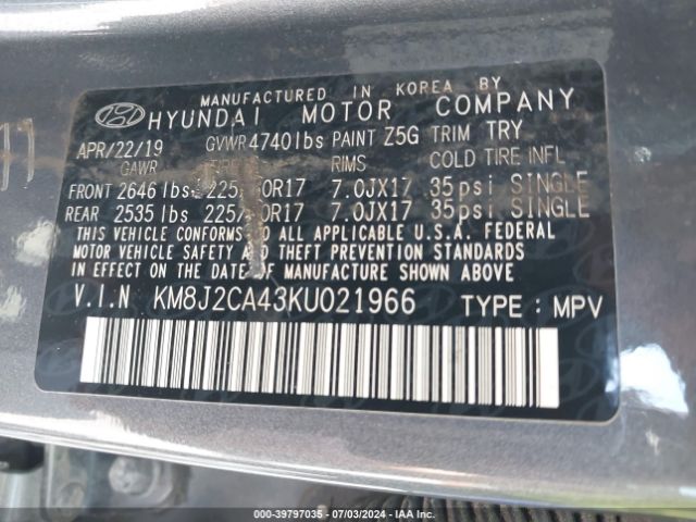 KM8J2CA43KU021966 Hyundai TUCSON SE