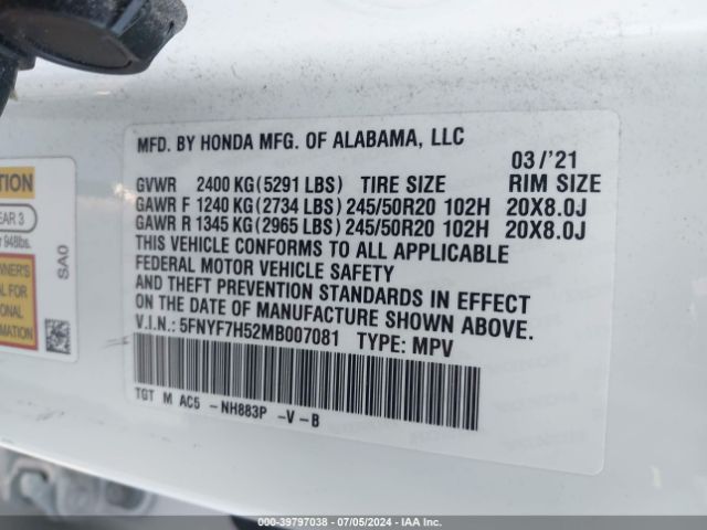 5FNYF7H52MB007081 Honda Passport 2wd Ex-l