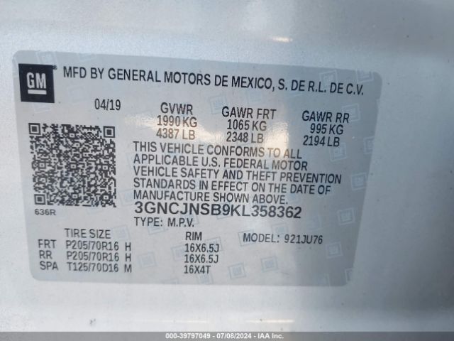 3GNCJNSB9KL358362 Chevrolet TRAX LS