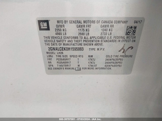 Chevrolet EQUINOX LT 2017 2GNALCEK0H1595883 Image 9