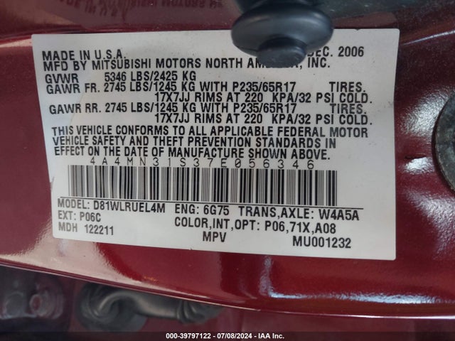 2007 MITSUBISHI ENDEAVOR 4A4MN31S37E056346 Photo 8
