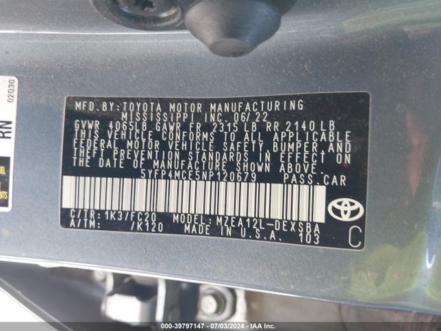 Toyota COROLLA SE 2022 5YFP4MCE5NP120679 Image 9