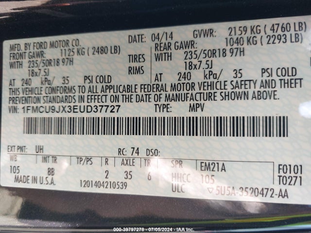 Ford Escape Titanium 2014 1FMCU9JX3EUD37727 Image 9