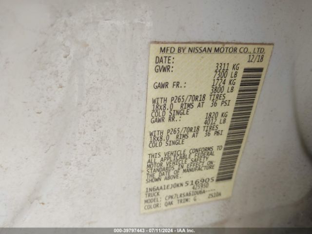 1N6AA1EJ0KN516905 Nissan TITAN S