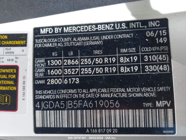 4JGDA5JB5FA619056 Mercedes-Benz ML 350