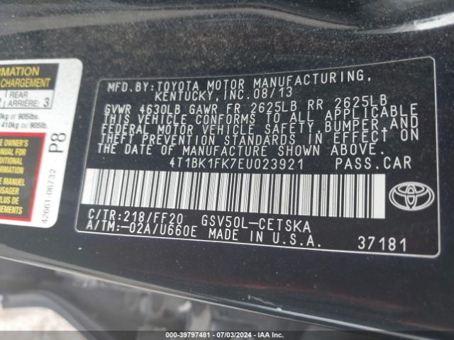 4T1BK1FK7EU023921 Toyota Camry Se V6