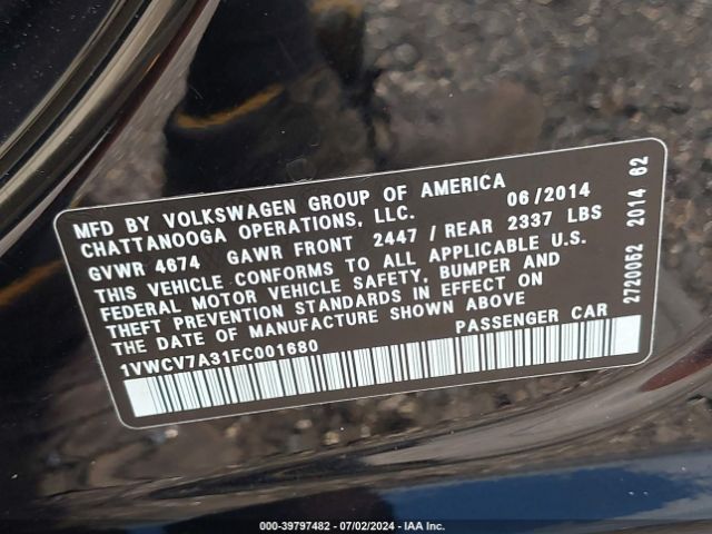1VWCV7A31FC001680 Volkswagen Passat 2.0l Tdi Sel Premium