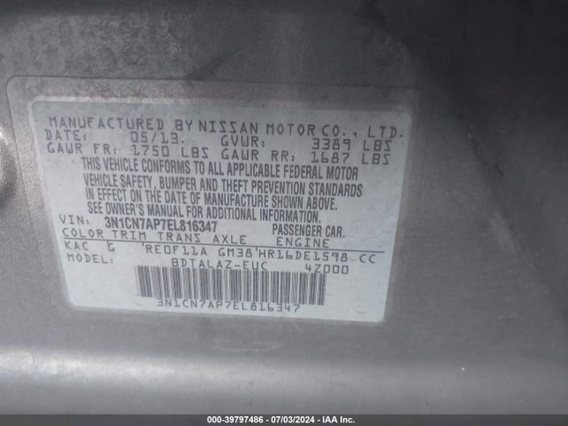 Nissan Versa 1.6 S+ 2014 3N1CN7AP7EL816347 Image 9