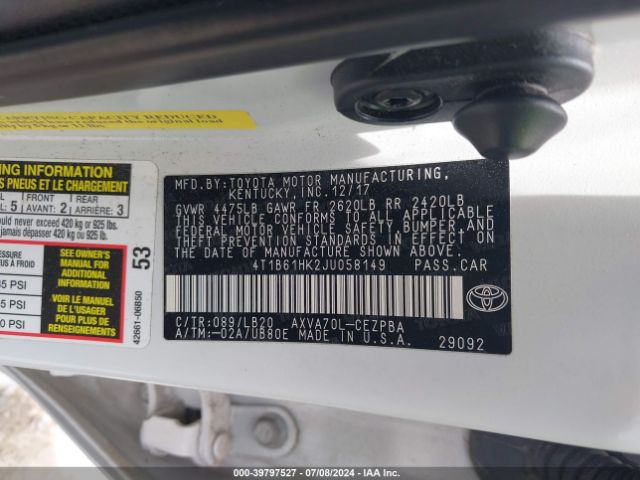 4T1B61HK2JU058149 Toyota CAMRY XSE
