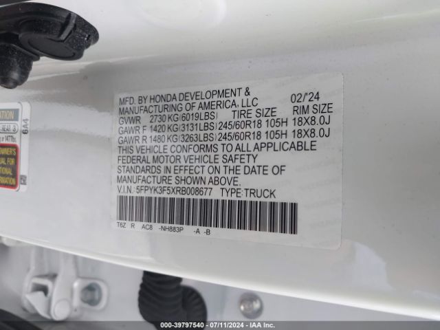 5FPYK3F5XRB008677 Honda Ridgeline Rtl