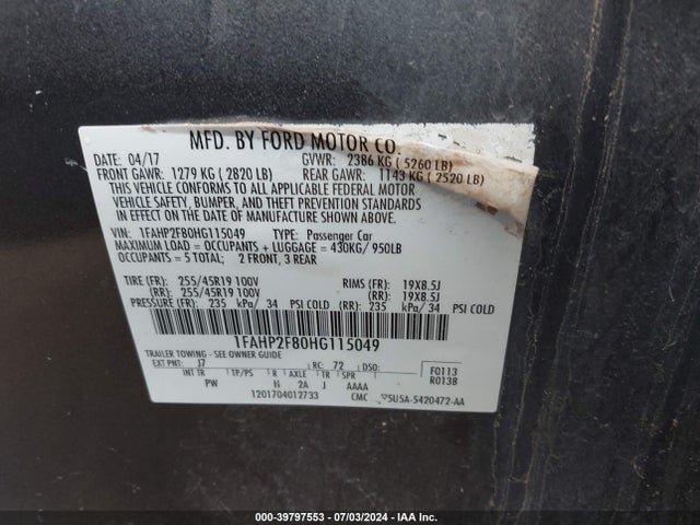 Ford Taurus Limited 2017 1FAHP2F80HG115049 Image 9