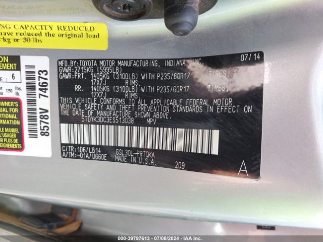 5TDYK3DC3ES513038 Toyota Sienna Xle V6 8 Passenger
